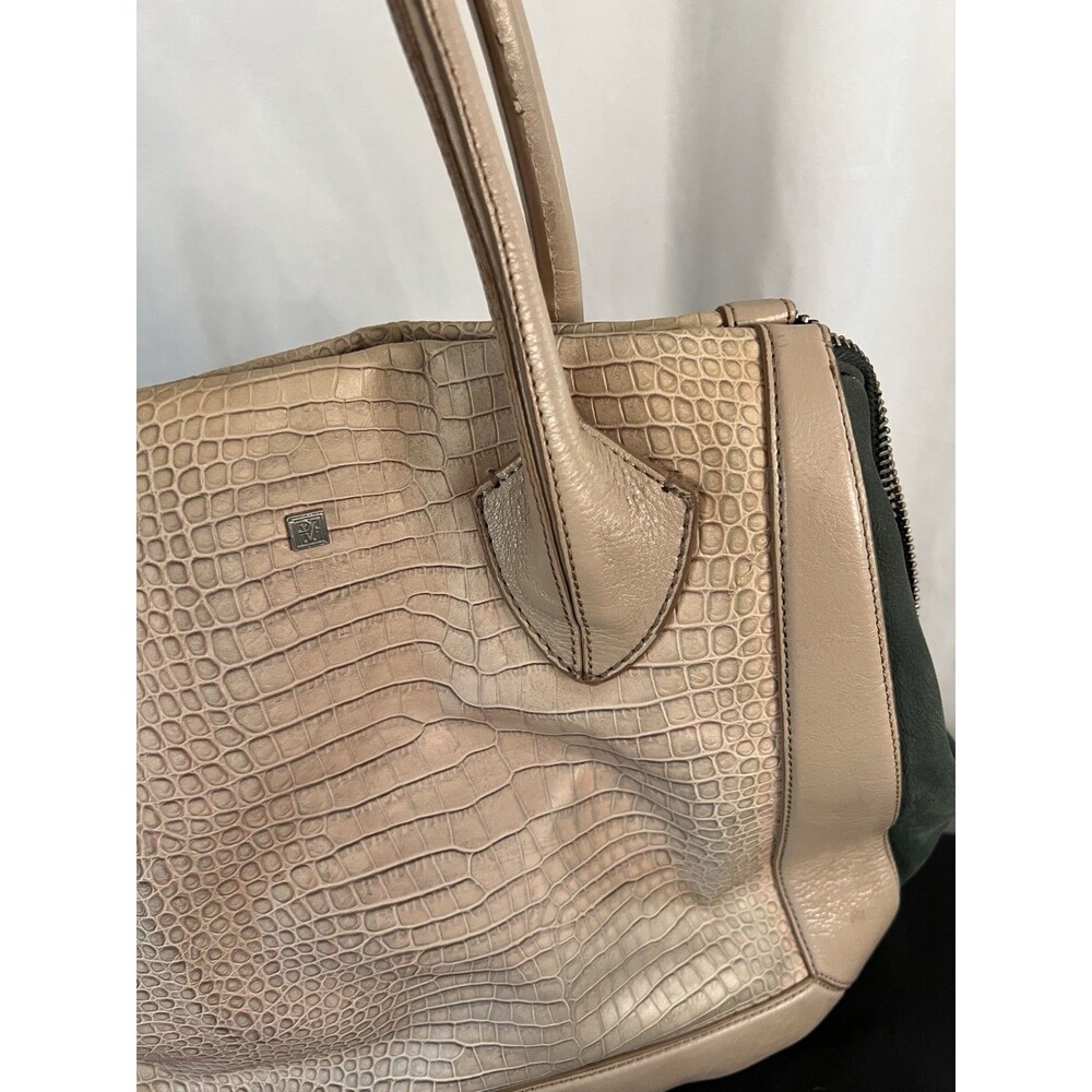 Pour La Victoire Black Beige Maison Croc Embossed Leather Medium Tote Handbag